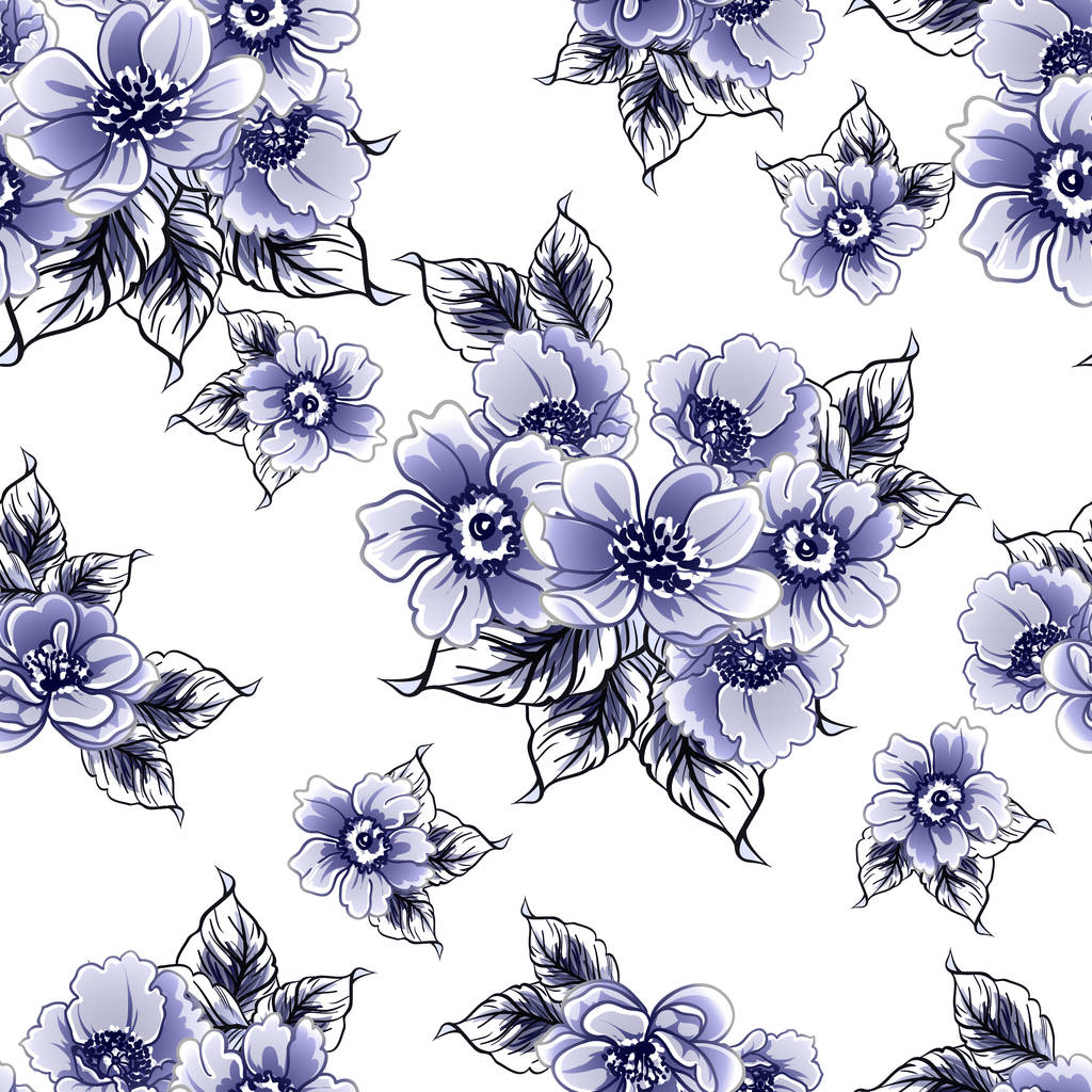 Kusursuz mavi monokrom klasik çiçek deseni - Vektör, Görsel