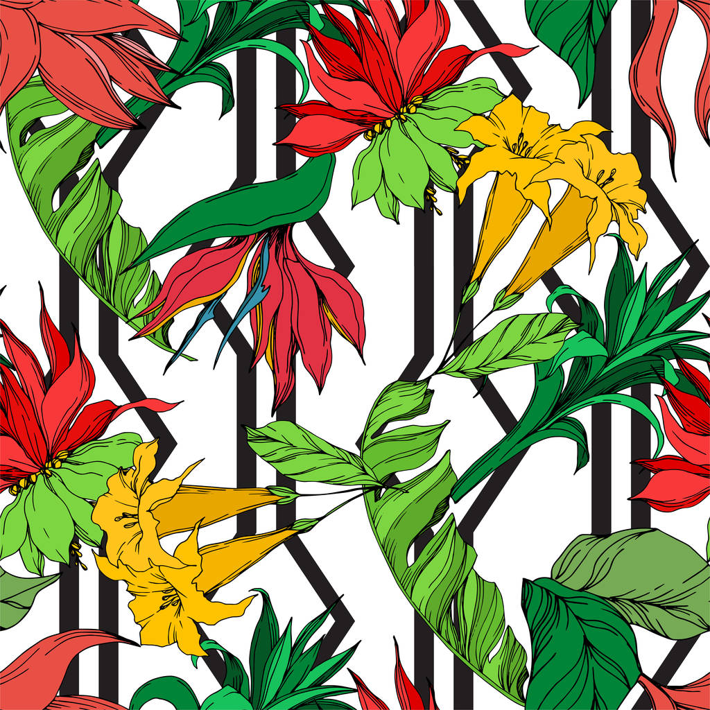 Vettore Palma albero da spiaggia foglie giungla fiori botanici. Inchiostro inciso in bianco e nero art. Modello di sfondo senza soluzione di continuità
. - Vettoriali, immagini