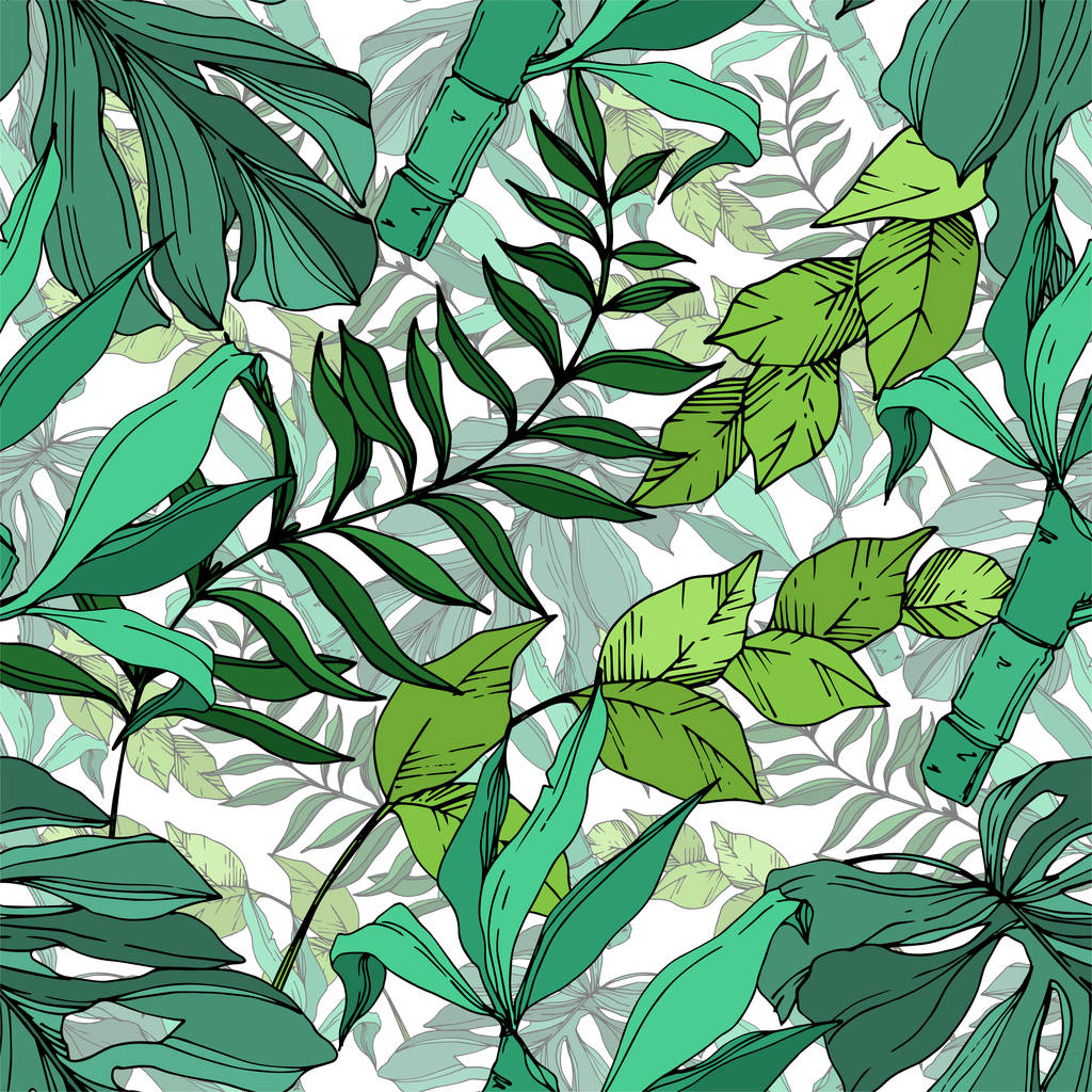 Vector Palm beach tree leaves jungle botanical. Black and white engraved ink art. Seamless background pattern. - Vector, Image