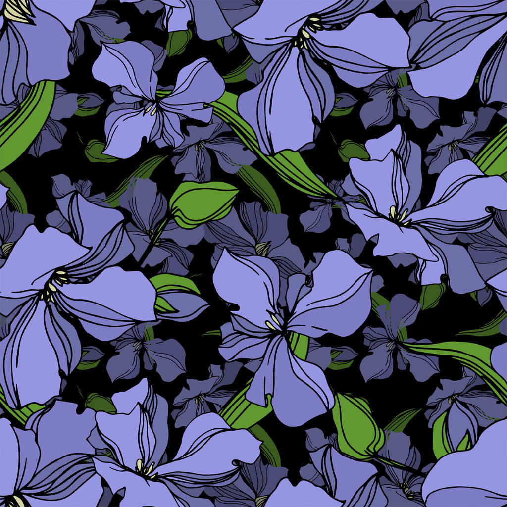 Vektori Flax kukka kasvitieteellinen kukkia. Musta ja valkoinen kaiverrettu muste taidetta. Saumaton taustakuvio
. - Vektori, kuva