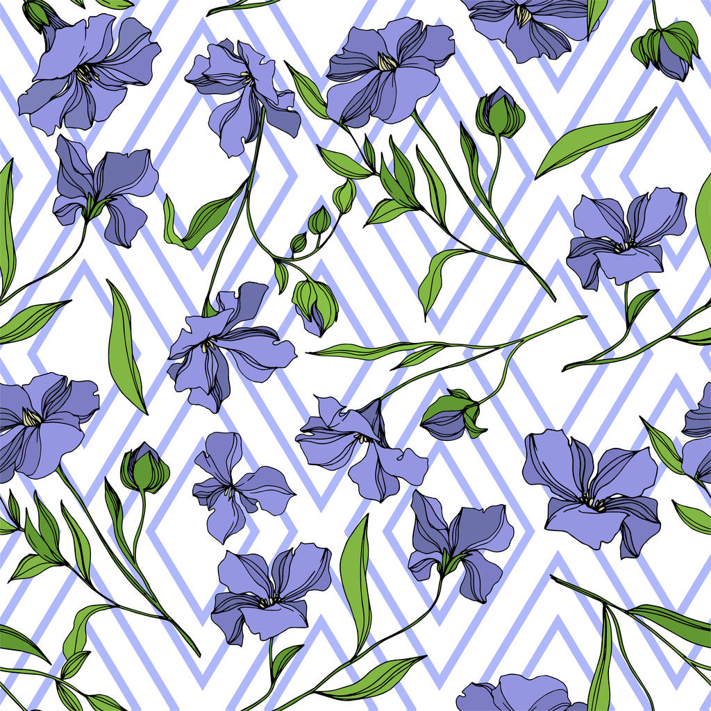 Vector vlas bloemen botanische bloemen. Zwart-wit gegraveerd Ink Art. Naadloos achtergrond patroon. - Vector, afbeelding