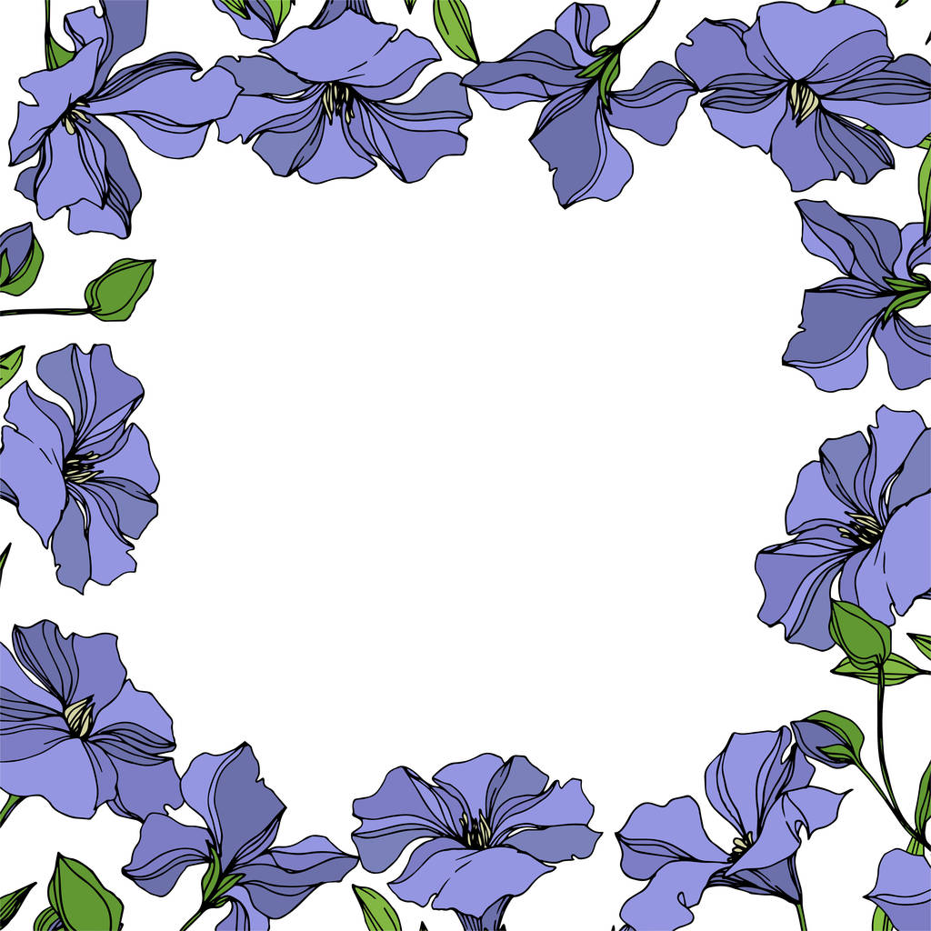 Vector vlas bloemen botanische bloemen. Zwart-wit gegraveerd Ink Art. Frame rand ornament vierkant. - Vector, afbeelding