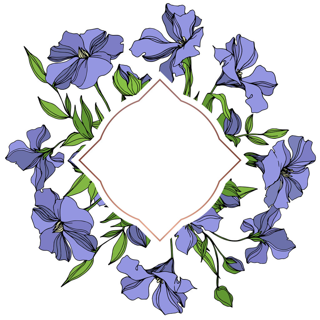 Vecteur Fleurs botaniques florales de lin. Encre gravée en noir et blanc. Cadre bordure ornement carré
. - Vecteur, image