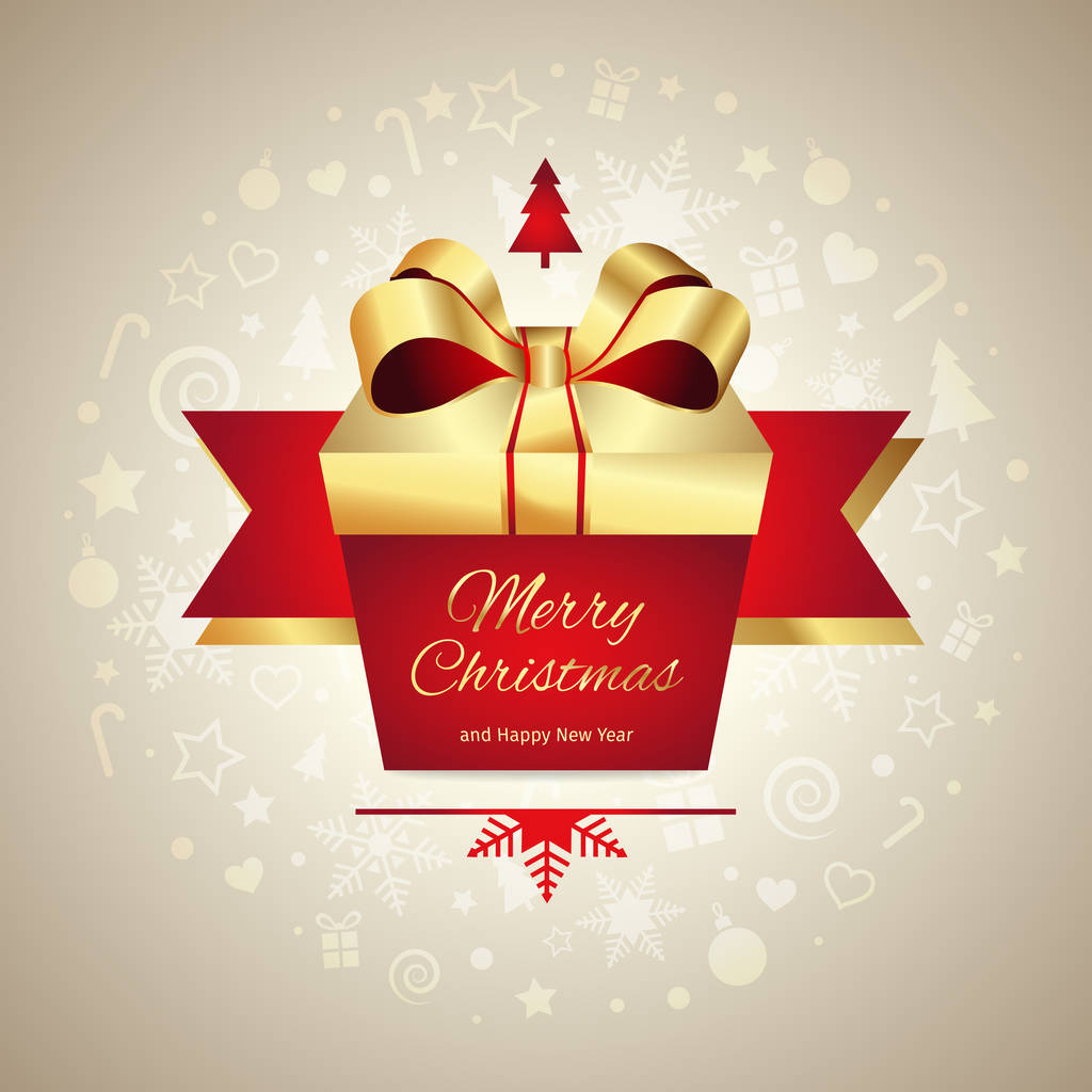 Feliz Navidad tarjeta de felicitación de Año Nuevo, caja de regalo con cinta roja de oro, ilustración vectorial sobre un fondo dorado
 - Vector, imagen