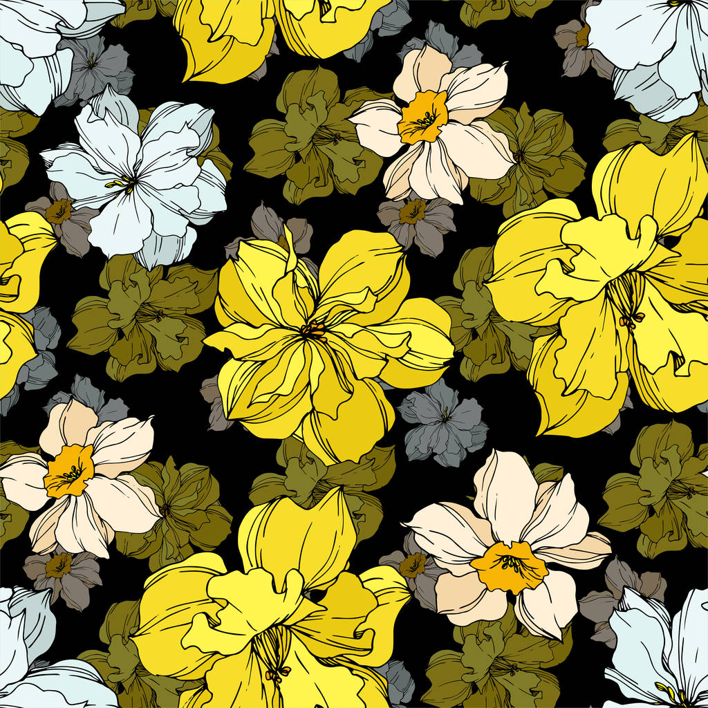 Vektör Narcissus çiçek botanik çiçekler. Siyah ve beyaz oyulmuş mürekkep sanatı. Kesintisiz arka plan deseni. - Vektör, Görsel