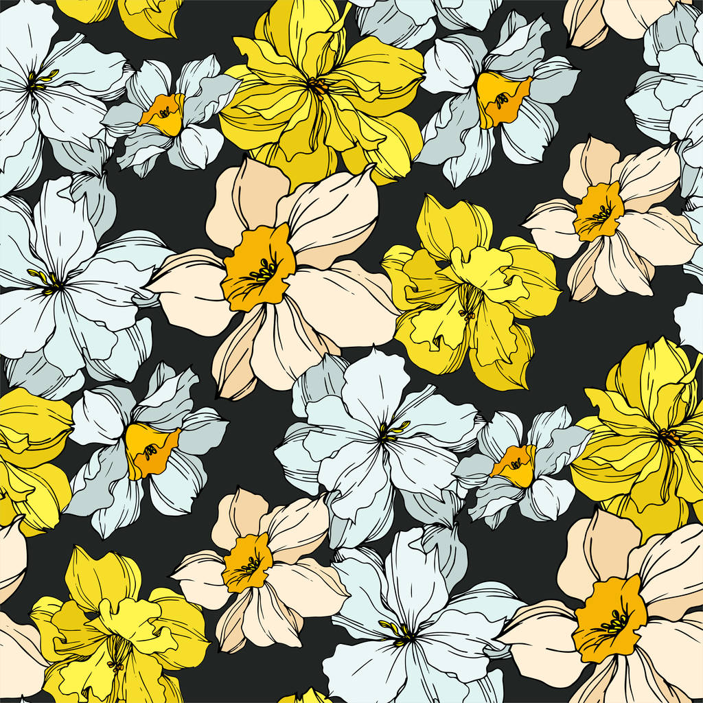 Vektor Narcissus virágos botanikai virágok. Fekete-fehér vésett tinta Art. Folytonos háttérmintázat. - Vektor, kép