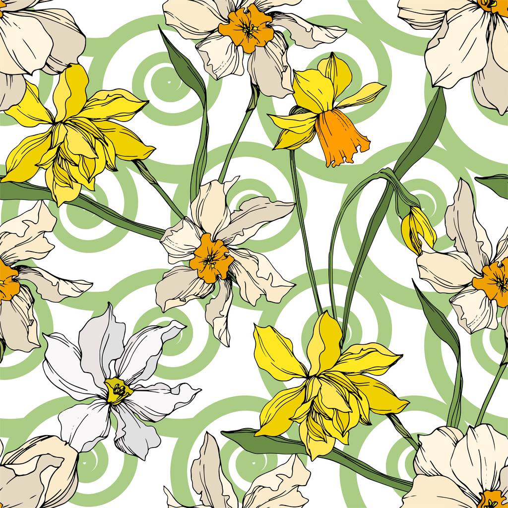 Vector Narcissus bloemen botanische bloemen. Zwart-wit gegraveerd Ink Art. Naadloos achtergrond patroon. - Vector, afbeelding