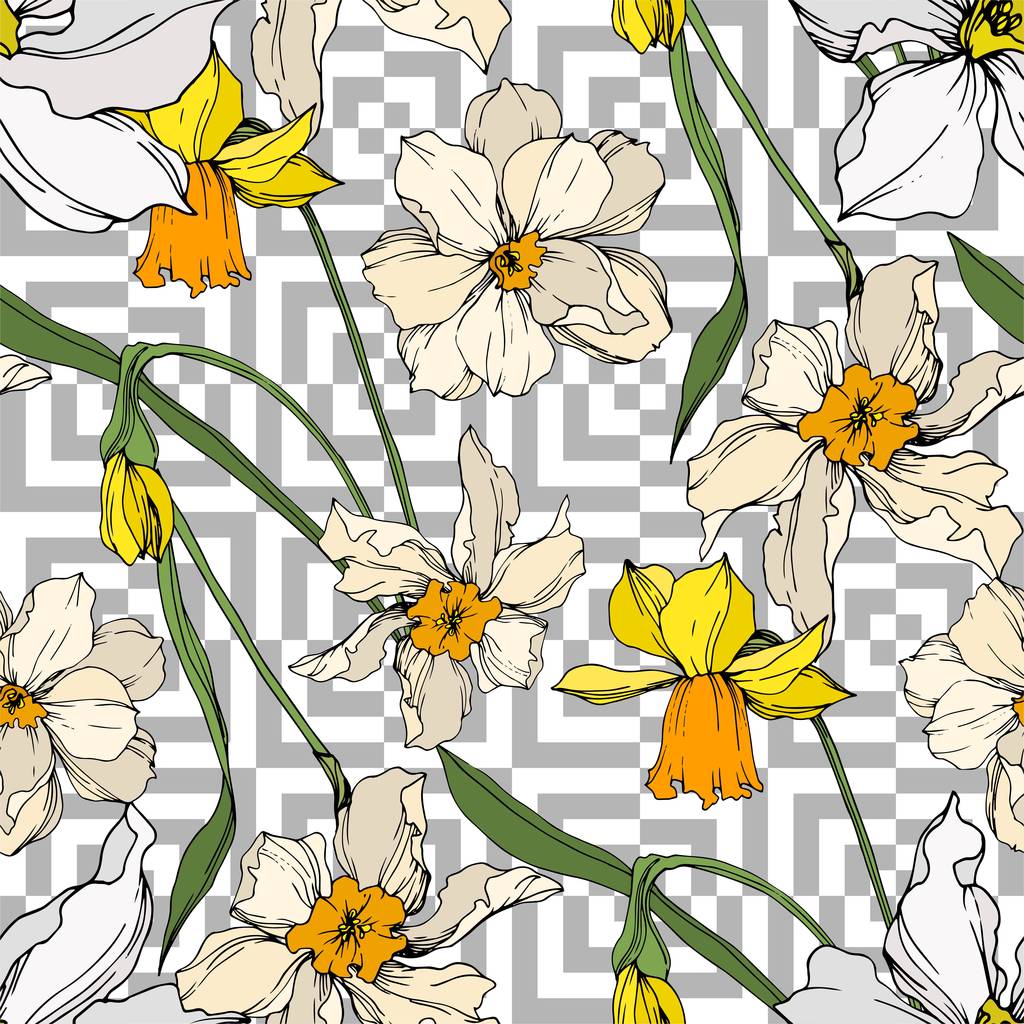 Vettore Narciso fiori botanici floreali. Inchiostro inciso in bianco e nero art. Modello di sfondo senza soluzione di continuità
. - Vettoriali, immagini