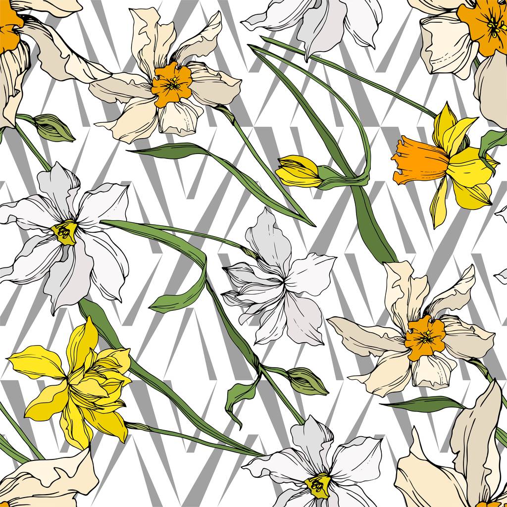 Вектор Нарцисс цветочные ботанические цветы. Черно-белый рисунок чернил. Бесшовный рисунок фона
. - Вектор,изображение