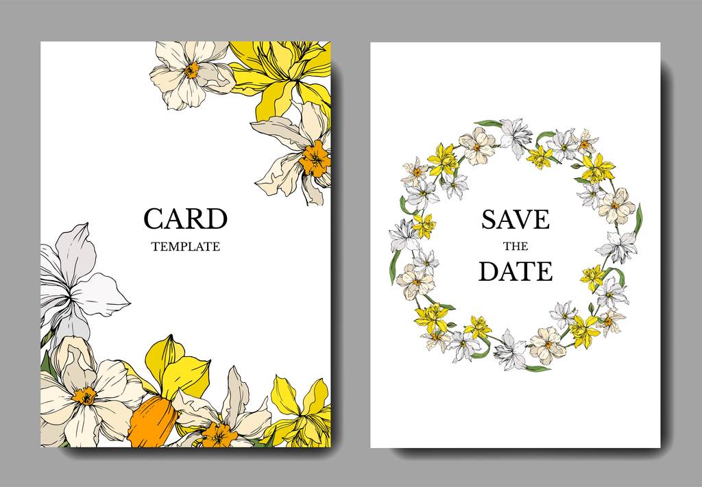 Vector Narcissus floral botanical flowers. Black and white engraved ink art. Wedding background card decorative border. - Vector, Image