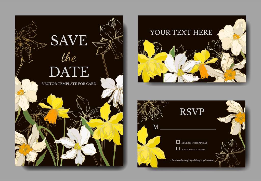 Květinové botanické květiny Vector Narcissus. Černé a bílé ryté inkoustem. Ozdobný okraj svatební karty. - Vektor, obrázek