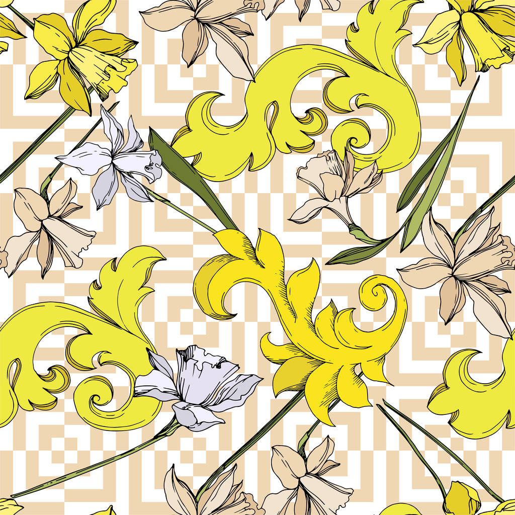 Květinové botanické květiny Vector Narcissus. Černé a bílé ryté inkoustem. Bezespání vzorek pozadí. - Vektor, obrázek