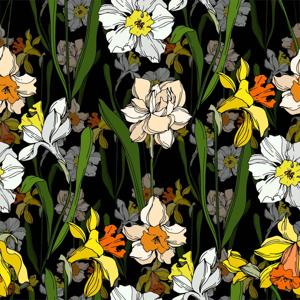 ベクトルナルキッソス花植物の花。黒と白の彫刻インクアート。シームレスな背景パターン. - ベクター画像
