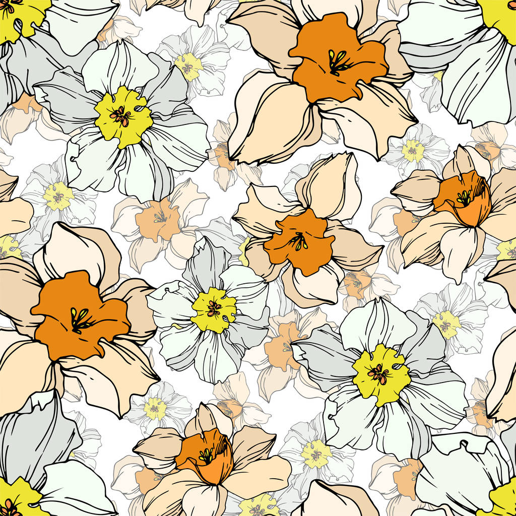 Вектор Нарцисс цветочный ботанический цветок. Черно-белый рисунок чернил. Бесшовный рисунок фона
. - Вектор,изображение