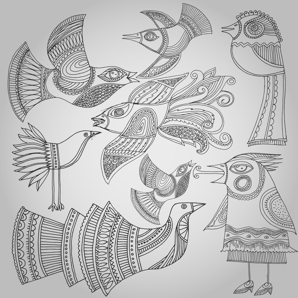 Reihe fantastischer Vögel im Volksstil. Vektorillustration - Vektor, Bild