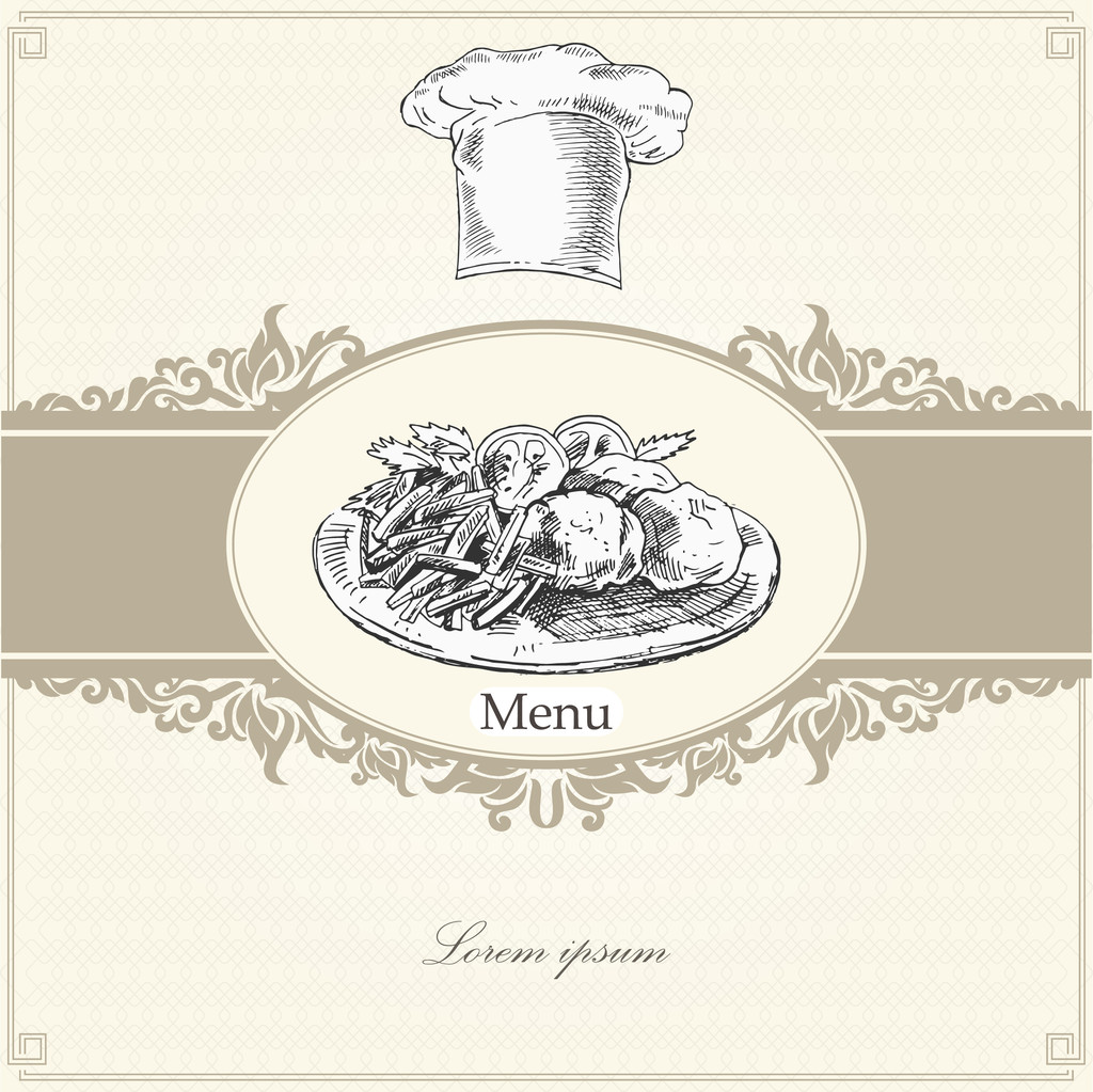 Modèle de menu avec chapeau et assiette de cuisine
 - Vecteur, image