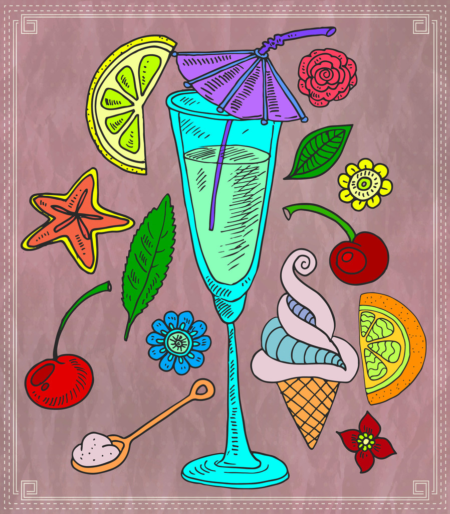 cocktail en diverse vruchten. vectorillustratie - Vector, afbeelding