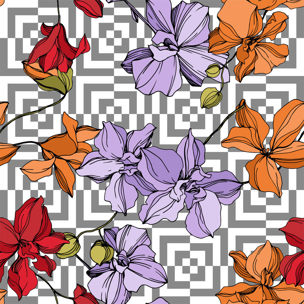 Orchidee bloemen botanische bloemen. Zwart-wit gegraveerd Ink Art. Naadloos achtergrond patroon. - Vector, afbeelding