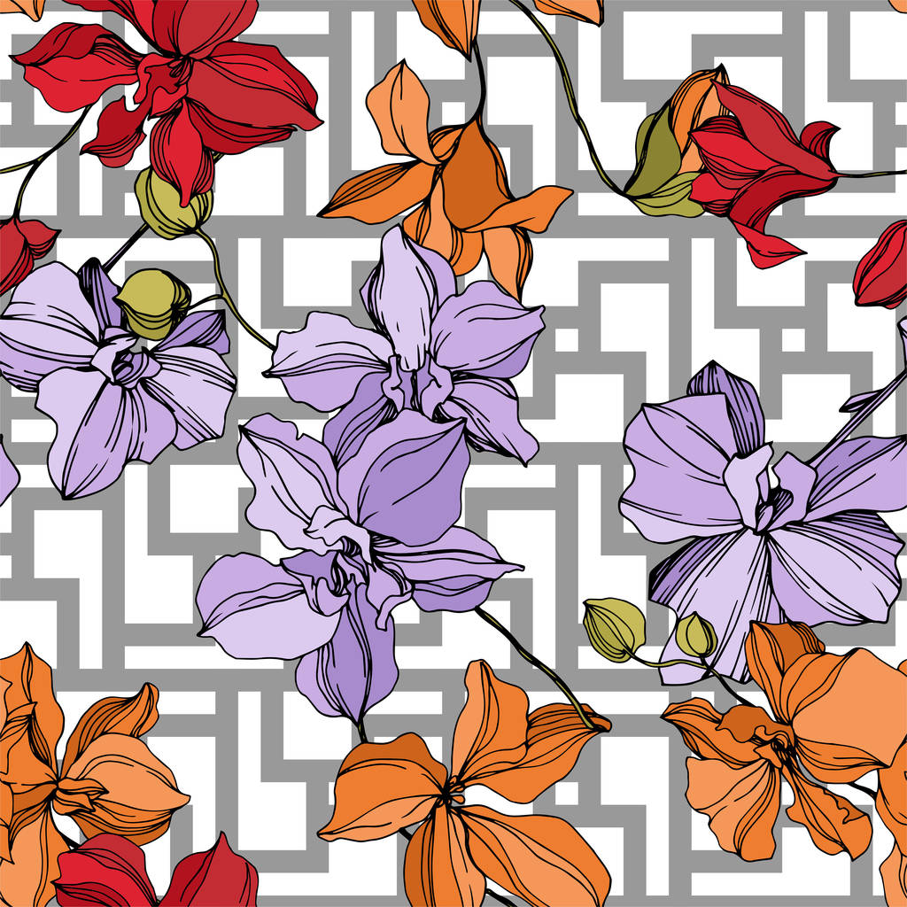 Orchidee bloemen botanische bloemen. Zwart-wit gegraveerd Ink Art. Naadloos achtergrond patroon. - Vector, afbeelding