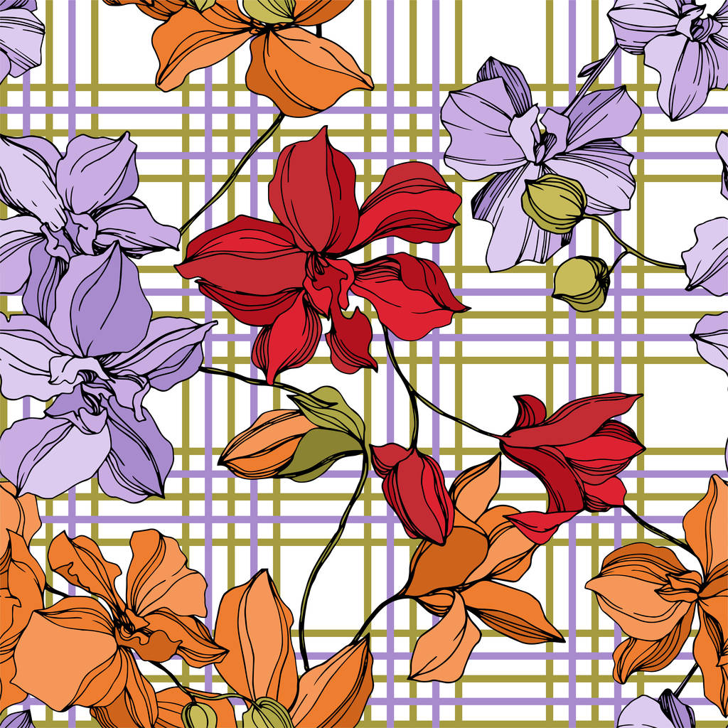 Orchidea virág botanikai virágok. Fekete-fehér vésett tinta Art. Folytonos háttérmintázat. - Vektor, kép