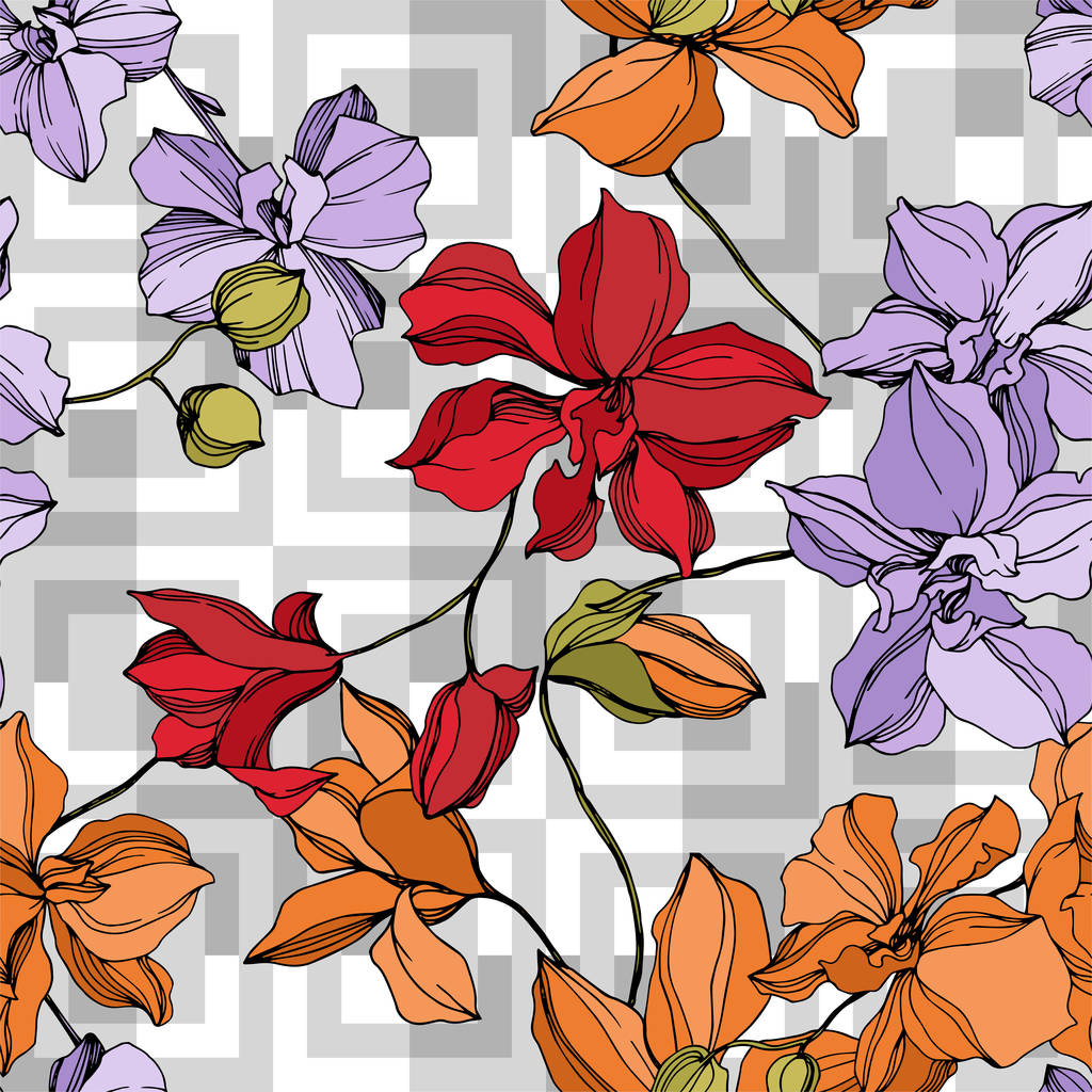 Fleurs botaniques florales d'orchidée. Encre gravée en noir et blanc. Modèle de fond sans couture
. - Vecteur, image