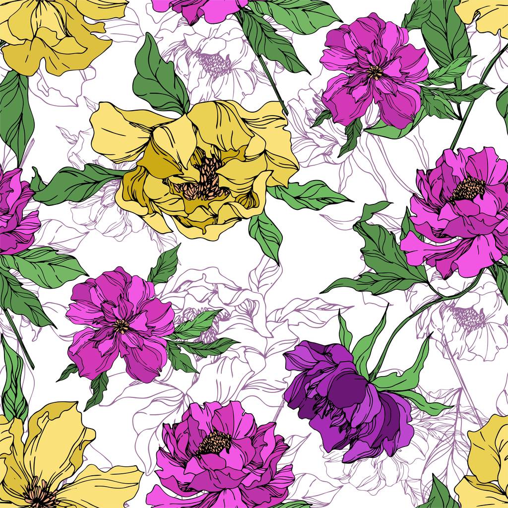 Peony bloemen botanische bloemen. Zwart-wit gegraveerd Ink Art. Naadloos achtergrond patroon. - Vector, afbeelding