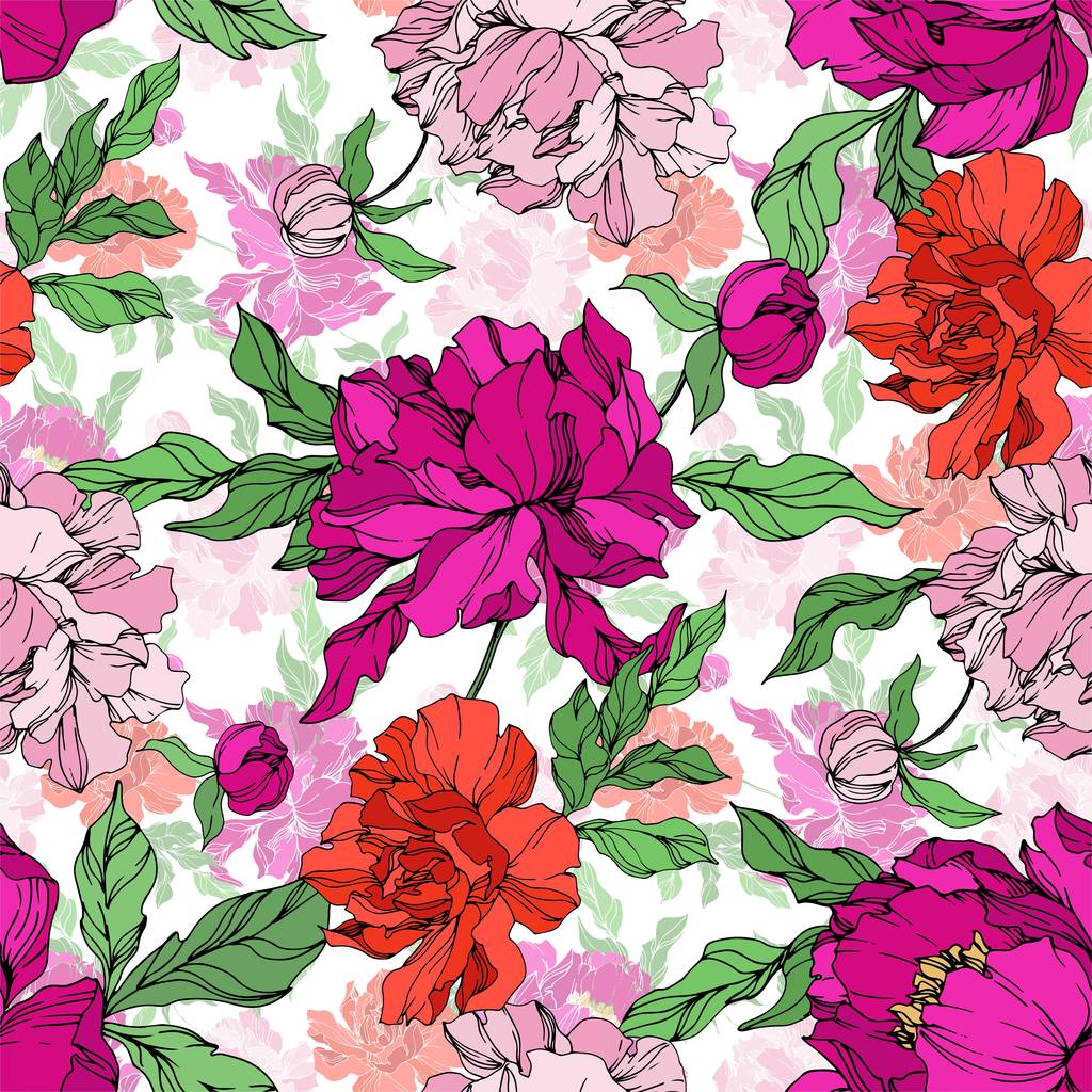 Peony floral botanical flowers. Black and white engraved ink art. Seamless background pattern. - Vector, Image