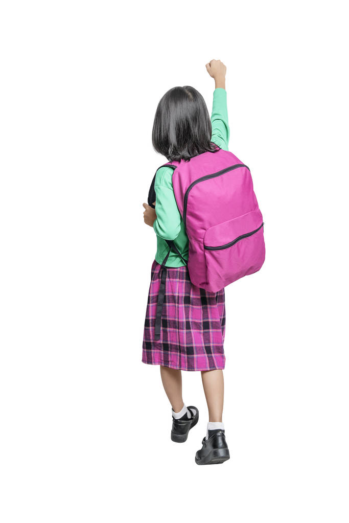 Bir sırt çantası ve heyecanlı ekspres ile Asya sevimli kız Arka görünümü - Fotoğraf, Görsel