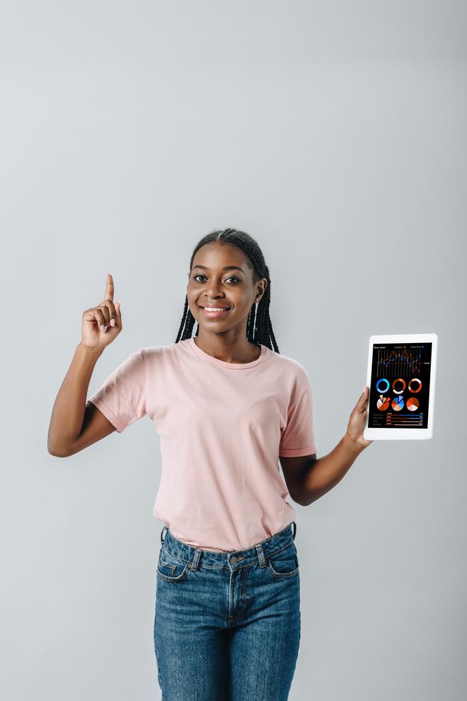Mulher afro-americana segurando tablet digital com gráficos de marketing e mostrando sinal de ideia isolado no cinza
 - Foto, Imagem