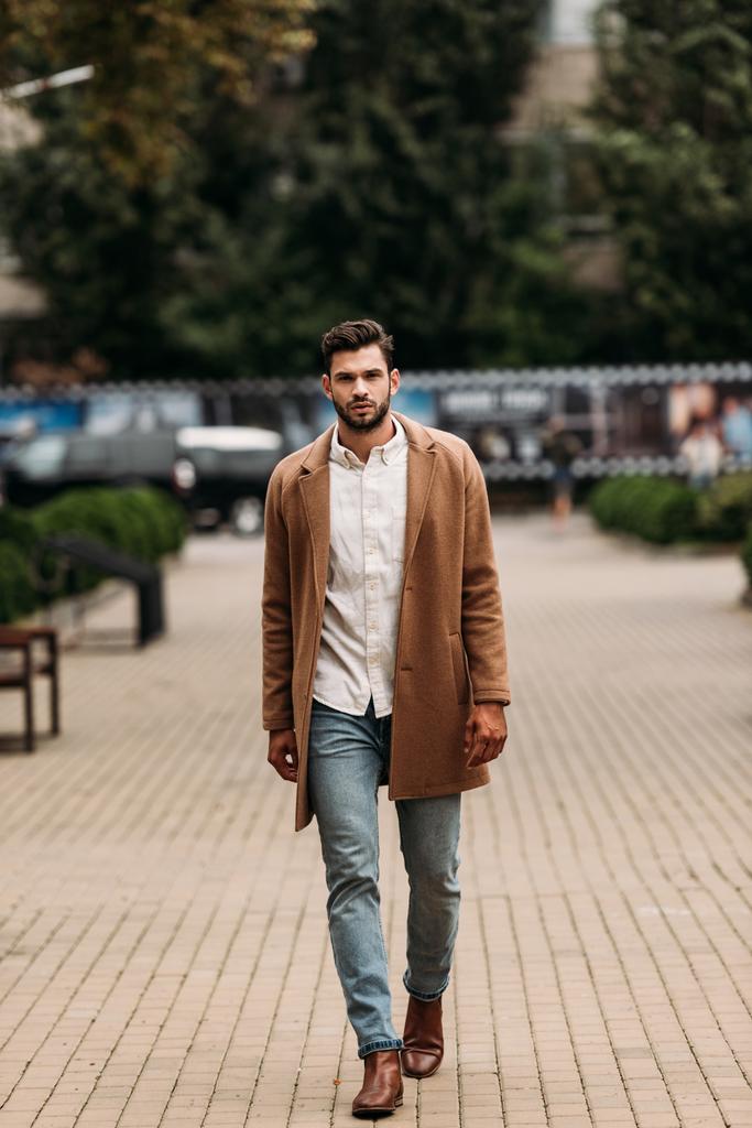 full length view of handsome bearded man in stylish coat in autumn day on street - Photo, Image