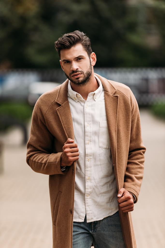 handsome bearded man in stylish coat in autumn day on street - Photo, Image