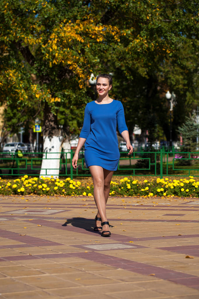 Young beautiful woman in dark blue dress walking on the summer s - Photo, Image