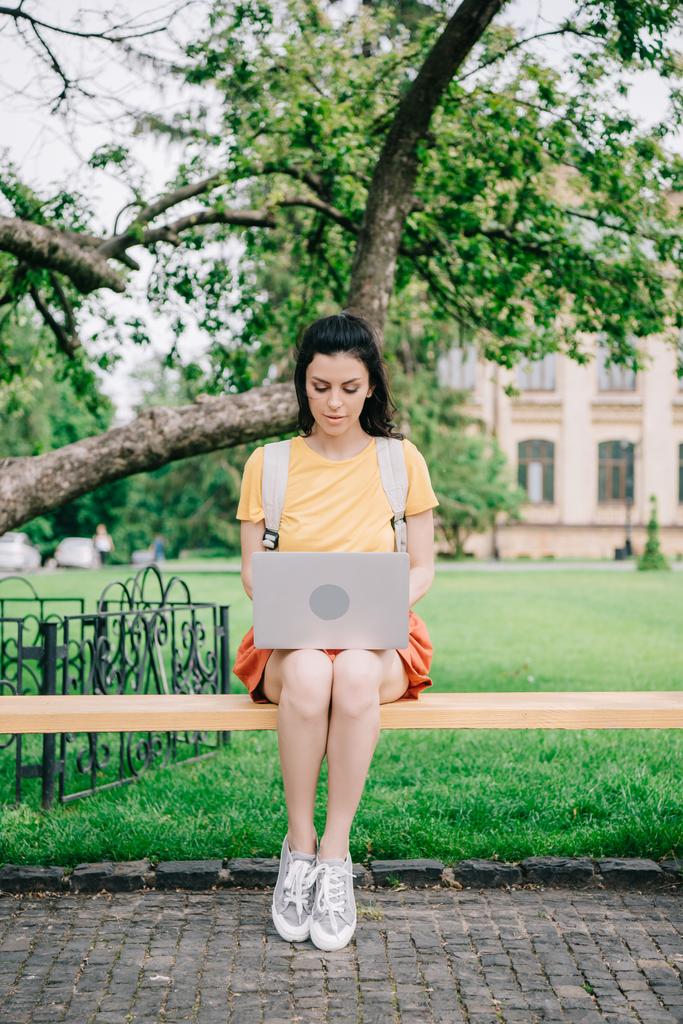 attraktive junge Frau sitzt auf Bank und benutzt Laptop  - Foto, Bild
