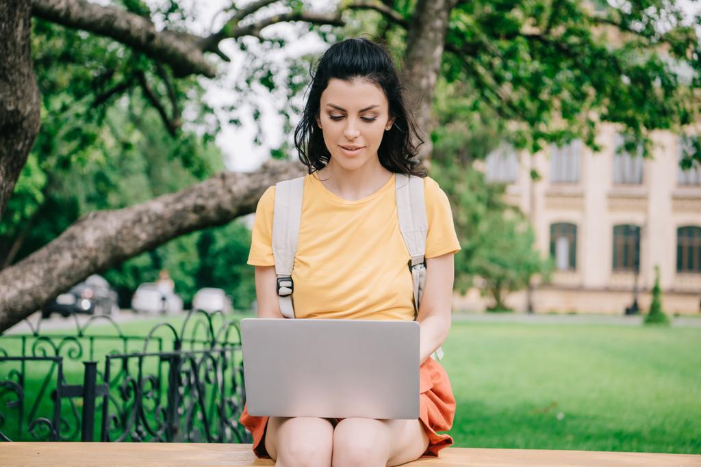  mulher atraente sentado no banco e usando laptop
  - Foto, Imagem