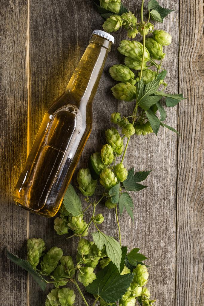Top uitzicht op bier in fles met groene hop op houten tafel - Foto, afbeelding
