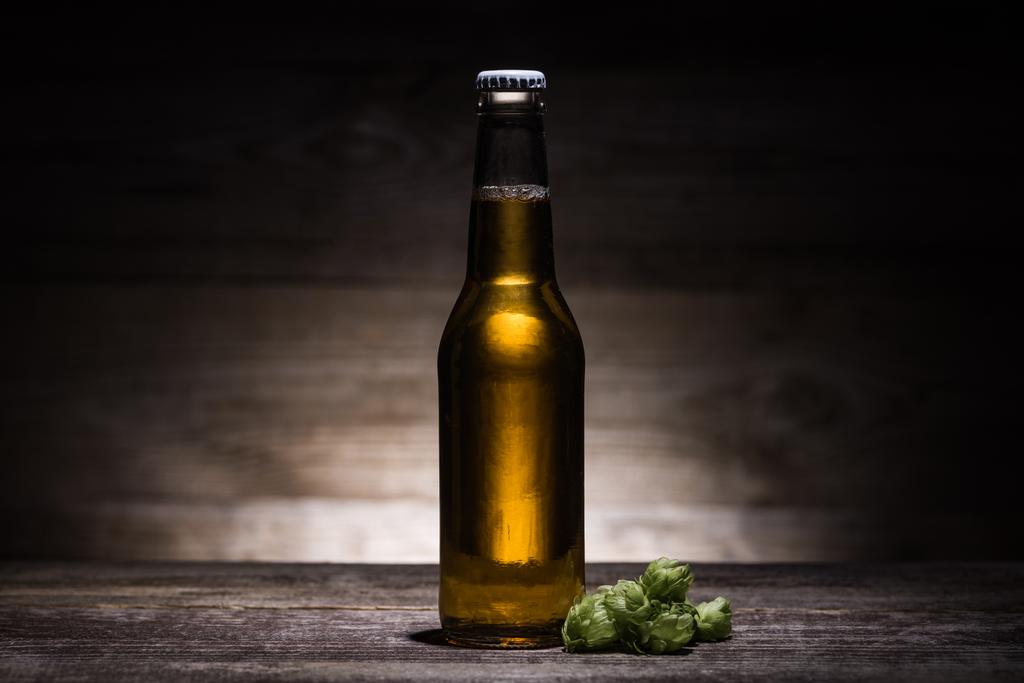 cerveja em garrafa com lúpulo na mesa de madeira na escuridão com luz traseira
 - Foto, Imagem
