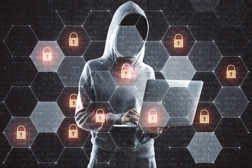 Cyber támadás folyamatban hacker segítségével laptop és digitális biztonsági ikonok a sejtekben. Kettős expozíció. - Fotó, kép