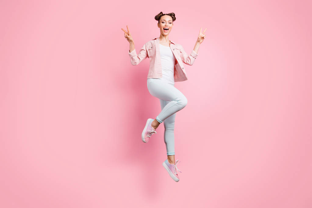 Full length body size view portrait of her she nice-looking attractive charming lovely cute cheerful glad girl having fun showing double v-sign isolated over pink pastel background
 - Фото, изображение