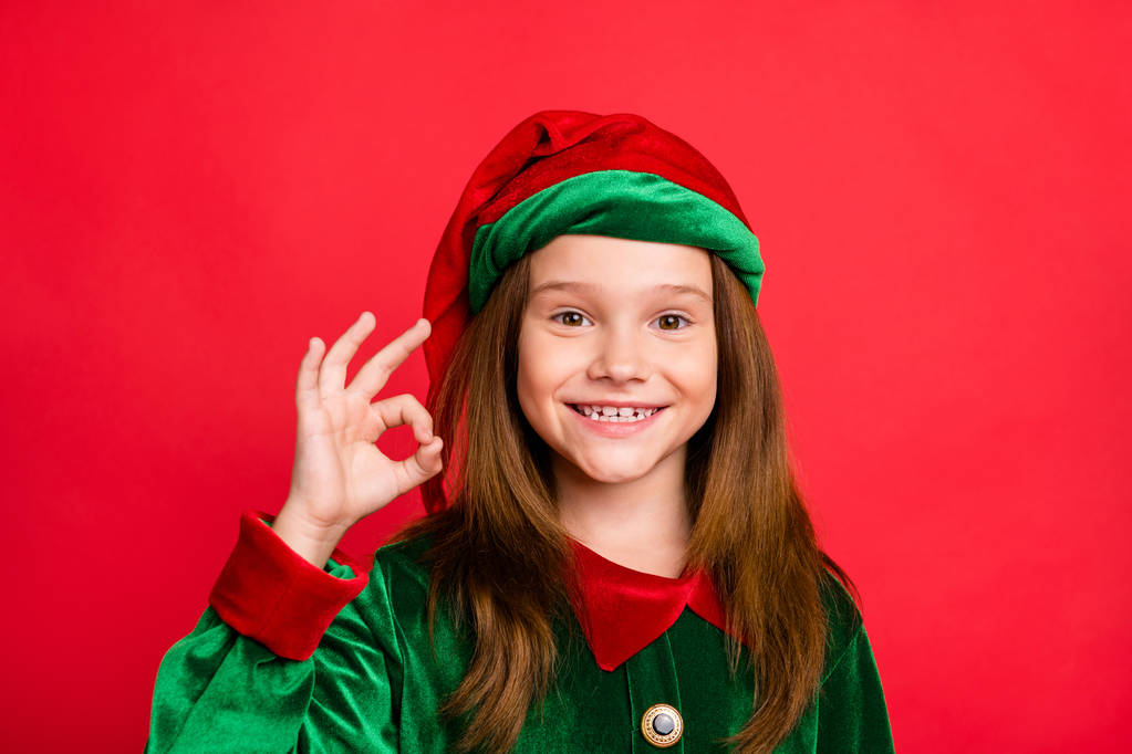 Zavři fotku kouzelného elfa skřítka v zeleném klobouku s dlouhým červeným účesem, na kterém je nápis ok recomme3nd Eve Noel událost nošení pohádkové kroje, izolovaný na červeném pozadí - Fotografie, Obrázek