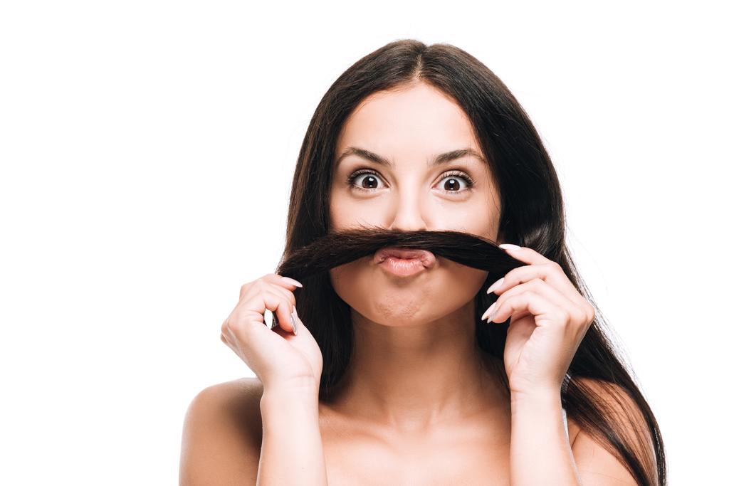 brunette beautiful woman making fake mustache from long straight healthy and shiny hair isolated on white - Photo, Image