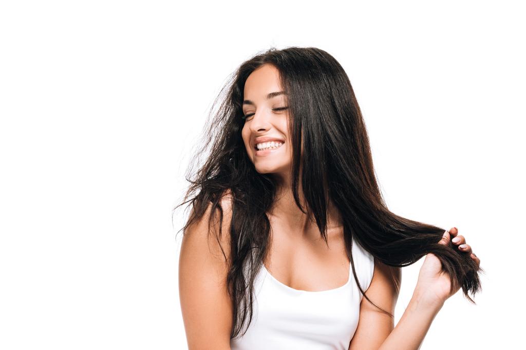Szczęśliwa brunetka piękna kobieta z prostymi i kręcone włosy na białym tle - Zdjęcie, obraz