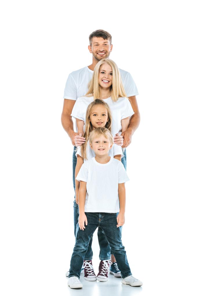 adorable children and happy parents looking at camera on white - Photo, Image