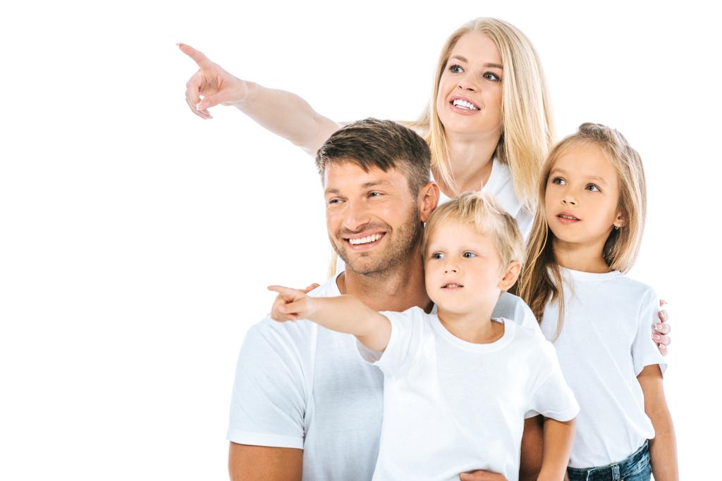 família positiva apontando com os dedos isolados no branco
  - Foto, Imagem