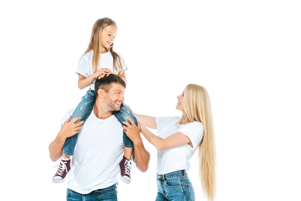 happy mother near husband holding daughter on shoulders isolated on white  - Photo, Image