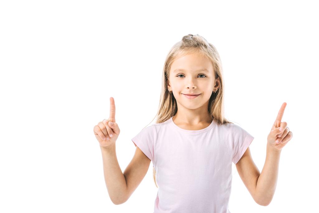 positive kid pointing with fingers isolated on white  - Photo, Image