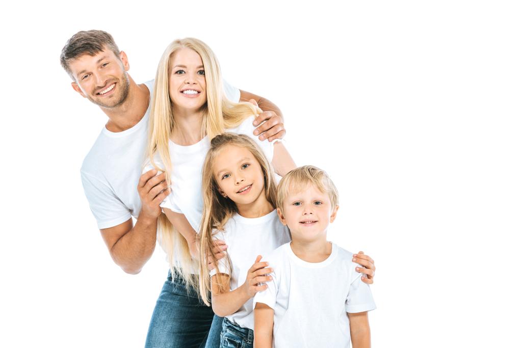 familia positiva en camisetas blancas aisladas en blanco
  - Foto, imagen