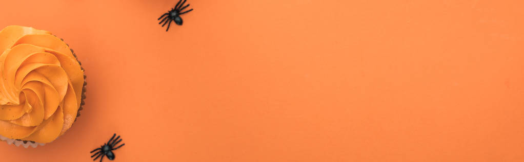 Draufsicht auf köstlichen Halloween-Cupcake mit Spinnen auf orangefarbenem Hintergrund mit Kopierraum, Panoramaaufnahme - Foto, Bild