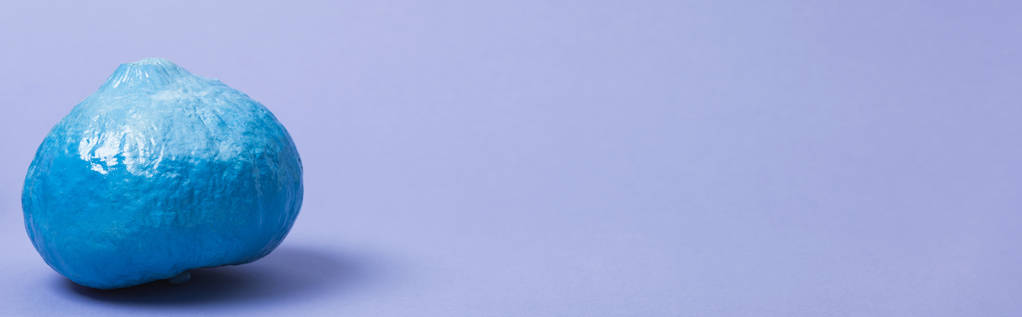 紫色の背景に塗装された青いカボチャのパノラマショット - 写真・画像