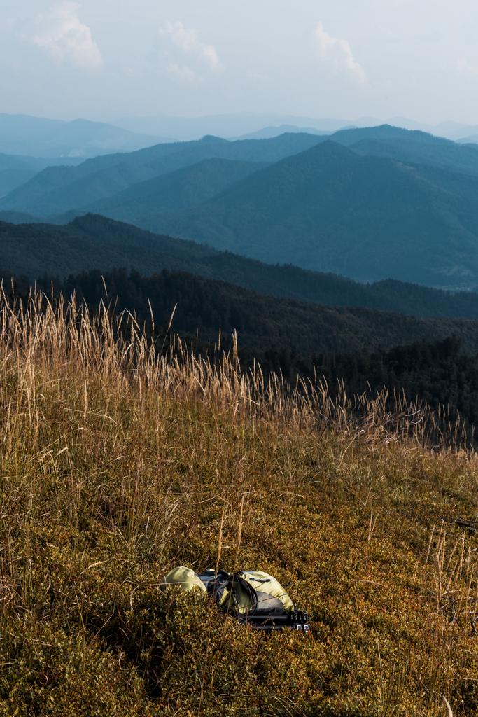 prairie jaune avec orge près du sac à dos dans les montagnes contre le ciel
  - Photo, image