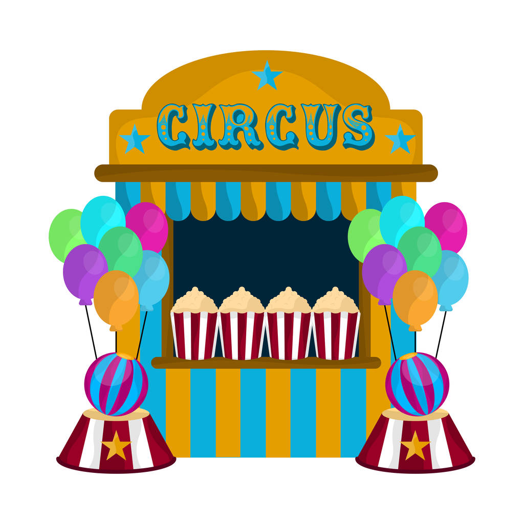 Namiot cyrkowy z balonami i przekąskami popcorn - Wektor, obraz